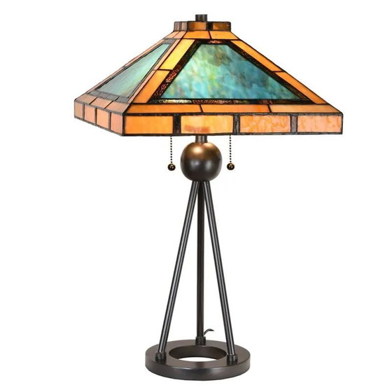 Quadratische Tiffany Art Deco Tischlampe, Tischlampen, Kristall, Glas, Orange (Foto 2 von 3)
