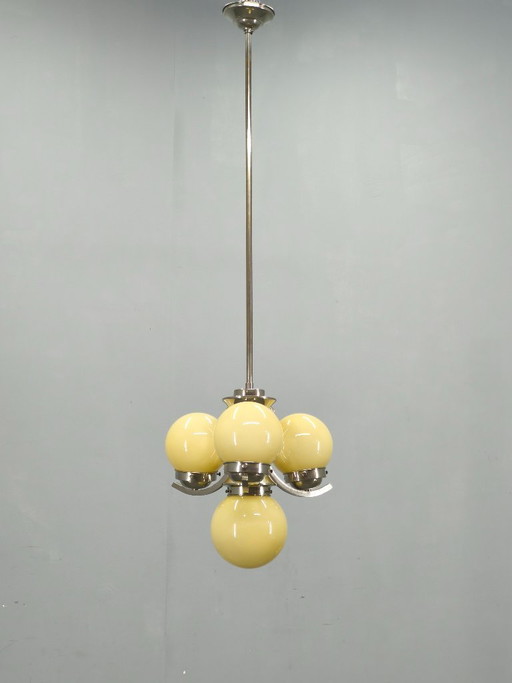 Art Deco Chrome and Opaline Glass Chandelier, 1930s
