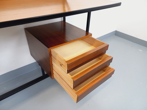 Image 1 of Italian modernist desk with built-in modular string bookcase in teak, metal and melamine from the 60s