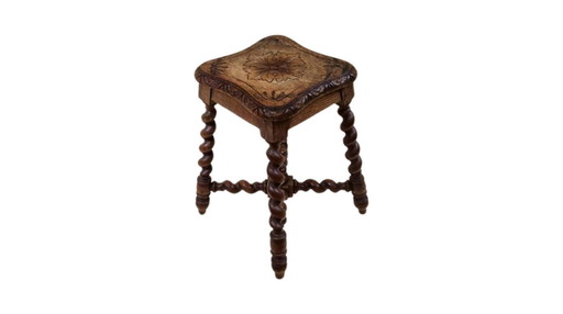 Tabouret ancien en chêne anglais : Table d'appoint victorienne sculptée à motif torsadé