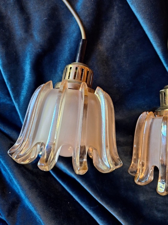 Set of 3 Doria Mid Century Amber-Coloured Pendant Lights, 1960s – Pendant lamps, Brass, Glass (photo 7 of 14)