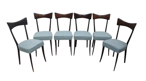 50s designer dining room chairs Style Ico Parisi, dark walnut + mint cover, Italian Modern, Mid - Century