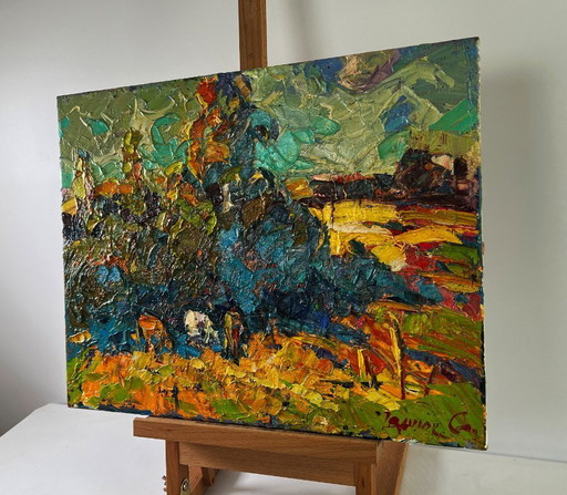 Original Oil Painting Fall Nature Landscape Autumn Flame Of Fire