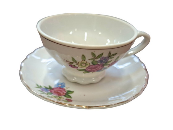 Image 1 of Set van 6 verzamelbare vintage Japanse porseleinen theekopjes – jaren 1950