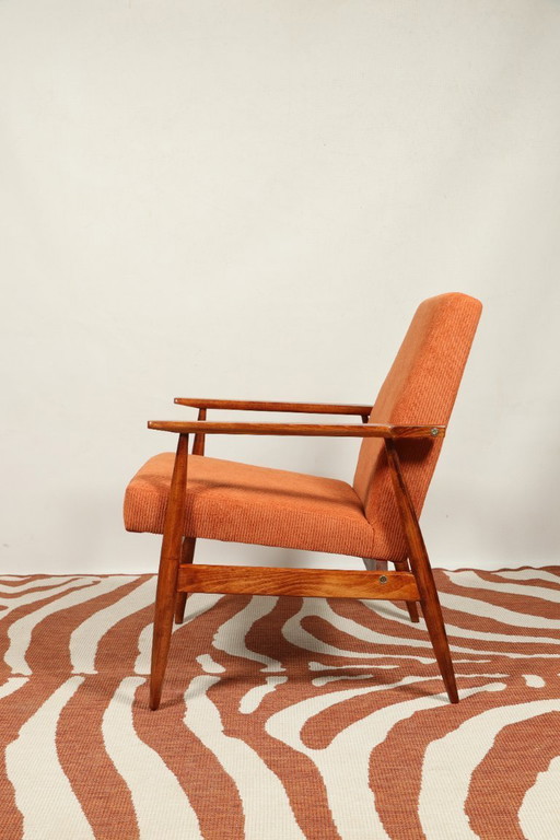 Vintage armchair papaya orange corduroy mid century modern design by H.Lis 