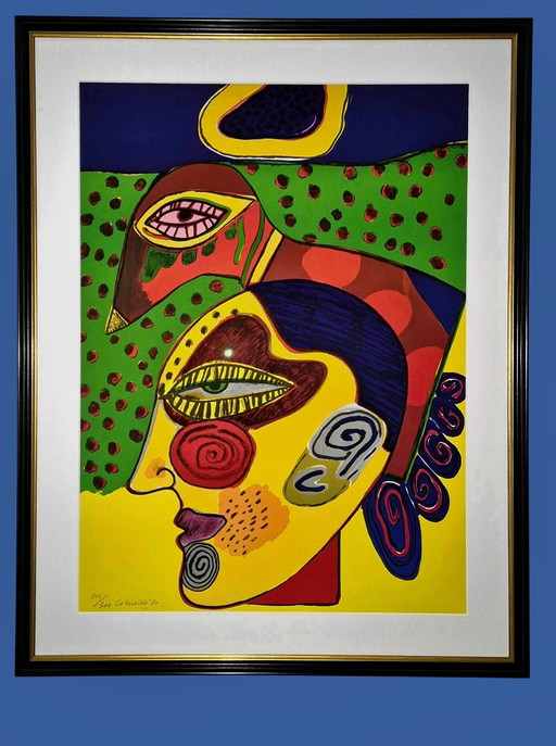 Corneille Lithograph, Tete de Femme et Oiseau Pensif, Framed Limited Edition