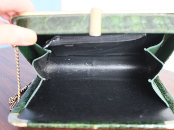 Image 1 of Vintage crocodile leather handbag, green crocodile leather with brass frame and clasp