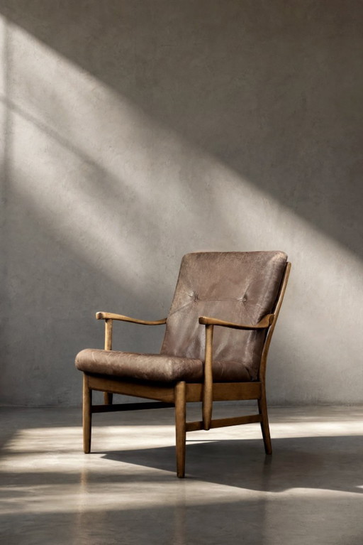 Vintage Deense moderne beuken- en bruinleren fauteuil uit het midden van de eeuw van Farstrup Møbler, jaren 70