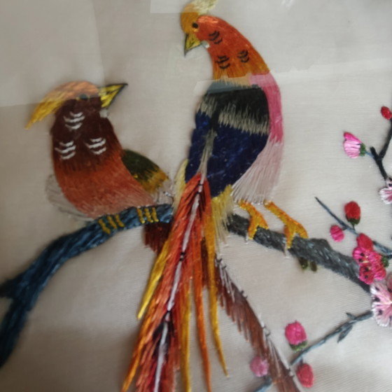 Image 1 of Vintage Chinese Silk Embroidery Birds Wall Art – Framed Mid Century Textile