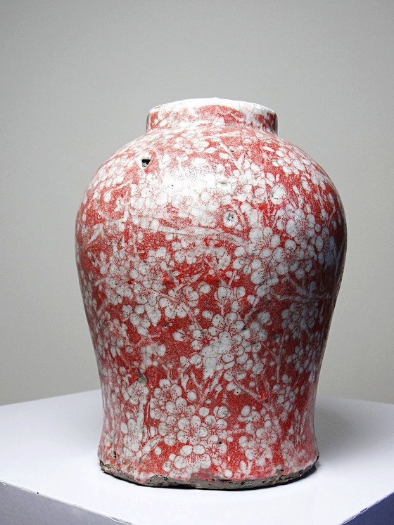 Image 1 of Vaso in ceramica raku smaltata vintage anni '80-'90 con decorazione a fiori di ciliegio.