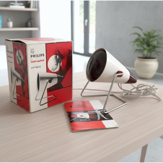 Image 1 of Vintage Jaren 60 Philips Infraphil HP 3603 Infraroodlamp met Doos en Handleiding