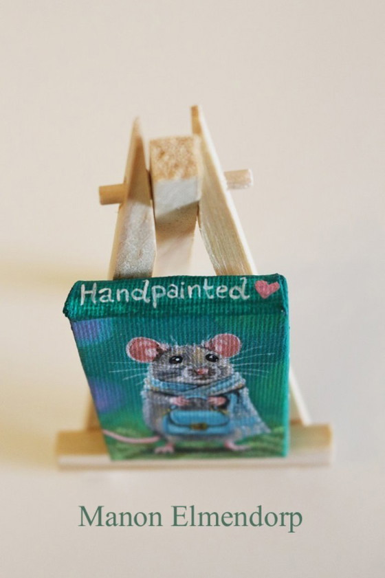 Image 1 of Unique Hand-Painted Little Mouse with Handbag Painting New