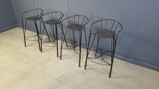 Image 1 of Tabourets de bar vintage en fer forgé et rotin, lot de 4 - années 1970