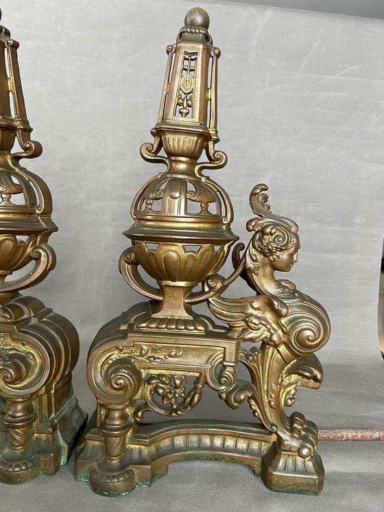 Image 1 of Paar Andirons aus dem 19. Jahrhundert, Frankreich um 1860 Bronze
