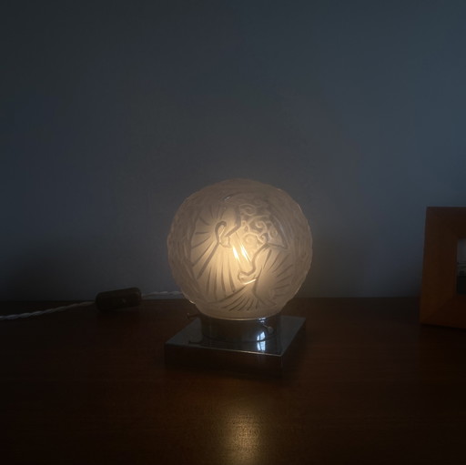 Table Lamp Globe Muller Lunéville Peacock Art Deco Antique Glass and Stainless Steel Base