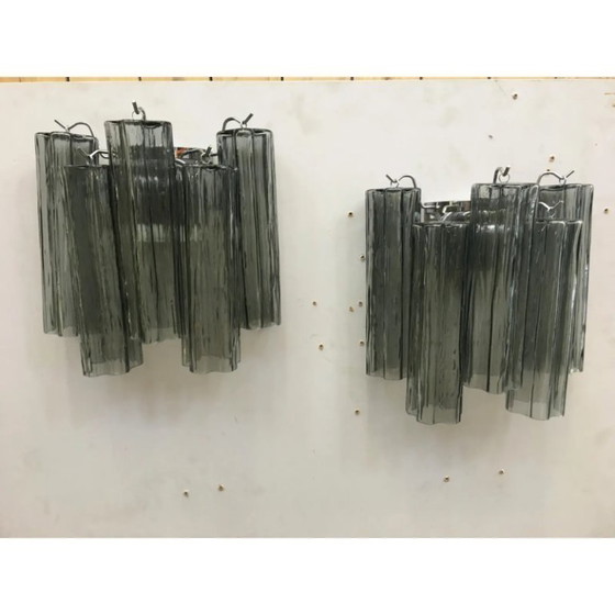 Image 1 of A Pair of Contemporary Murano Glass Wall Sconces in Gray Color With a Kromo Metal Frame, Mazzega Zuccheri Venini Barovier Style