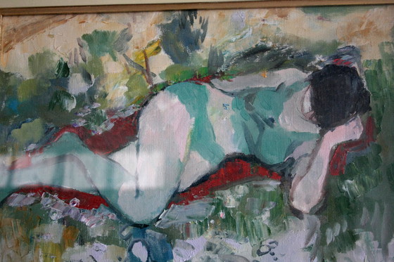Image 1 of Peinture à l'huile sur toile, "Femme couchée", par Savino Labò, signée