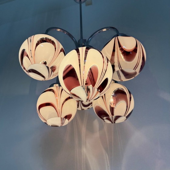 Image 1 of XL Italian purple and white murano glass swirl chandelier , 1970s
