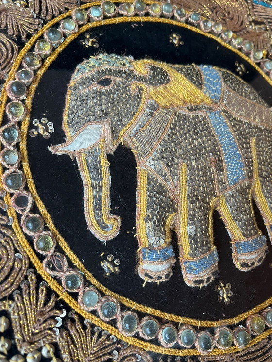 Image 1 of Vintage framed Burmese Kalaga rug elephant