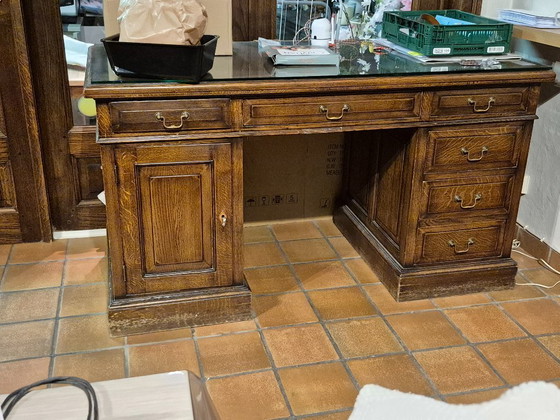 Classic wooden Desk with glass top, Brown, Klassiek (photo 3 of 5)