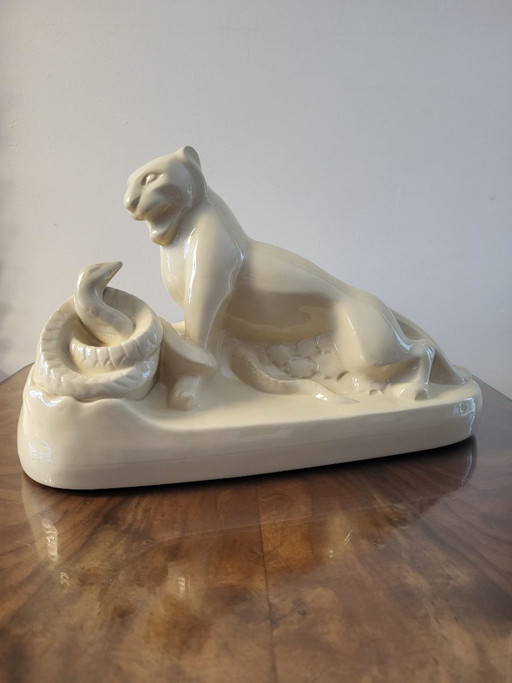 Charles Catteau Boch Frères Art Deco Panter & Slang Keramiek Ca.1930 – decoratieve objecten, Porcelain