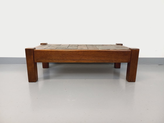 Image 1 of Table Basse Vintage Brutaliste en Chêne et Ardoise des Années 60-70
