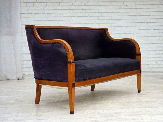 Image 1 of 1950s, Danish art deco 2-seater sofa, ash wood, furniture velour.