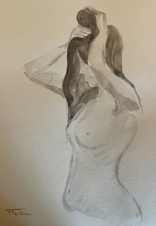 Aquarelle Sépia Portrait Femme « Le Chignon »