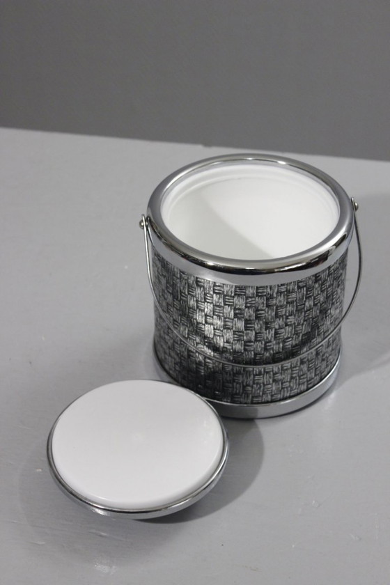 Image 1 of Secchiello per il ghiaccio vintage in metallo cromato con motivo a canna, stile anni '70, Pergay Manetti