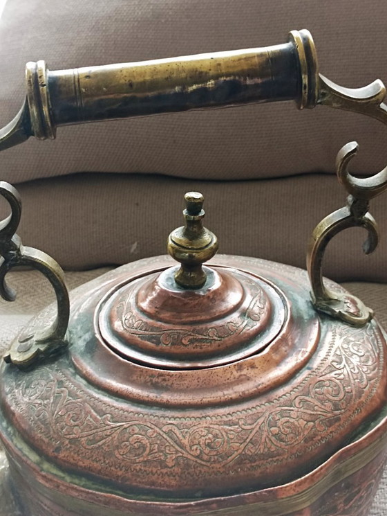 Image 1 of Zeldzame antieke handgehamerde koperen theeketel met komfoor-Maghreb. 