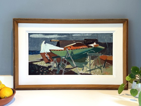 Image 1 of Scène portuaire moderniste du milieu du siècle « Bateau débarqué », huile sur toile de John Börén (1903-1983)