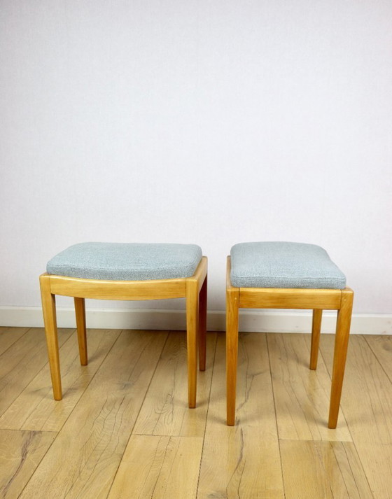 Image 1 of Taburete asiento tela natural azul claro Art Deco - 2 piezas disponibles