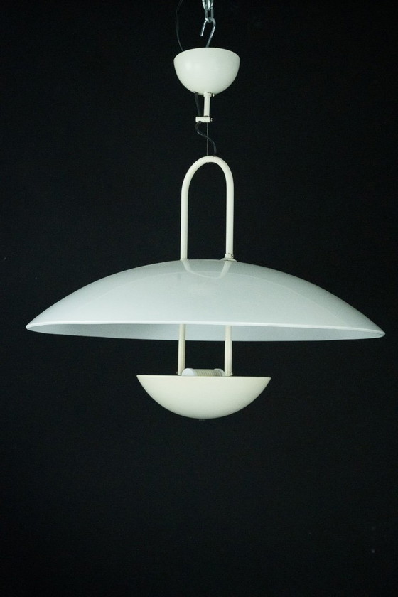 Image 1 of Vintage 1990s White Pendant Lamp with Glass Top Shade. Italy