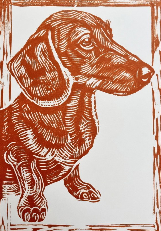 Image 1 of Estampe linogravure artisanale Teckel A4 – Décoration murale linogravure chien