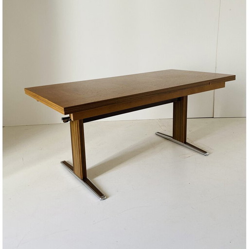 Vintage ausziehbarer Couchtisch aus Holzfurnier und Chrom, Italien 1970er