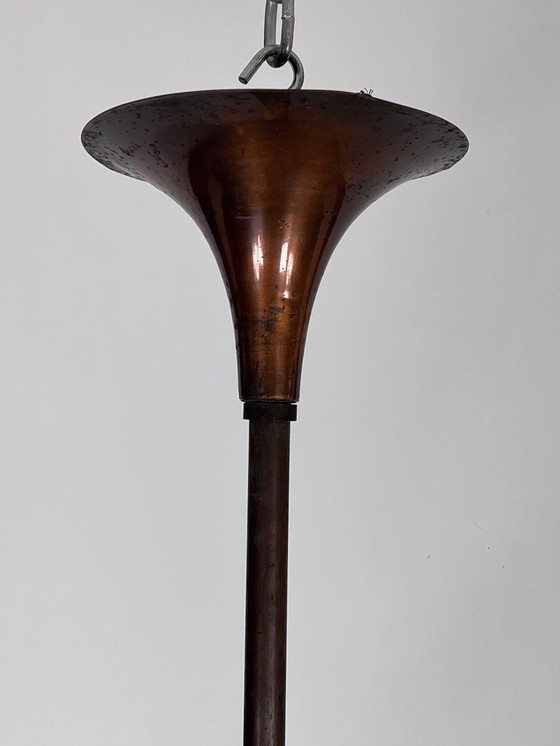 Image 1 of Lampadario in rame a sei bracci, stile Mid-Century Modern, in stile Gio Ponti. Italia, anni '50.