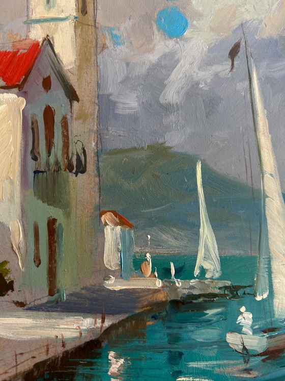 Image 1 of Original Oil Painting Summer City Landscape City on the water and white sails