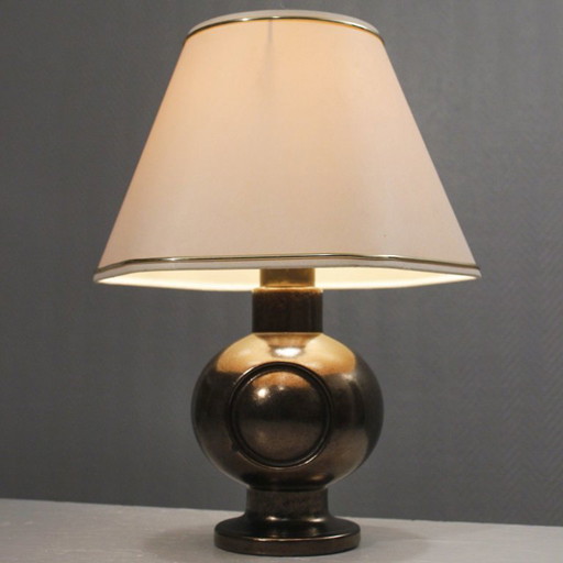 Vintage ceramic lamp base, black and gold enamel, 1950s Jouve style