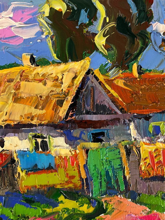 Image 1 of Peinture à l'huile originale représentant un paysage champêtre, une cour de maison et un week-end paisible au village.