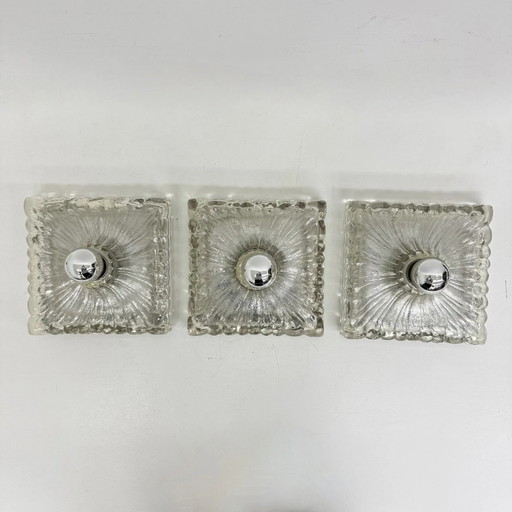 Hustadt Leuchten Ice glass wall lamp sconce set of 3 , 1970s Germany