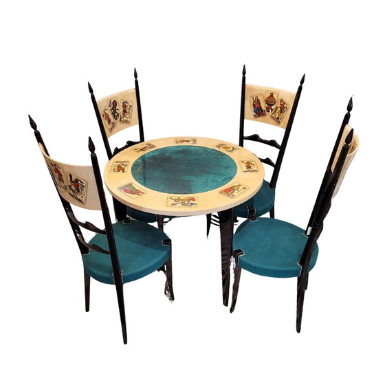 Image 1 of Conjunto Mesa Y Sillas “Gable” De Juego, Aldo Tura, Nogal Y Piel De Cabra (Pergamino), 1950 - Italia