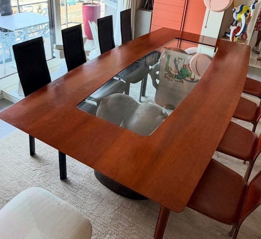 Tafel Yves Rhayé exclusief stuk + 4 terracotta en 4 zwarte lederen stoelen – eettafels, Glass, Leather