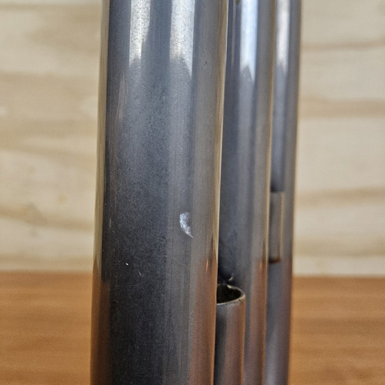 Image 1 of Vase/bougie moderniste en acier inoxydable, style vintage/ère spatiale, design italien (années 70), pour fleurs séchées.