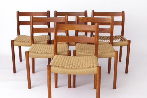 Set of 6 Niels Otto Moller Teak Dining Chairs, Model 84, 1976 – Renewed Cord Seats, Makers Mark, Worldwide Shipping
