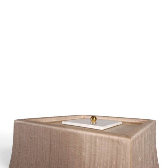 Lampada da tavolo De Knudt con base in ceramica dorata e paralume in lino, 1970, DeKnudt, Lampade da tavolo (foto 12 di 13)