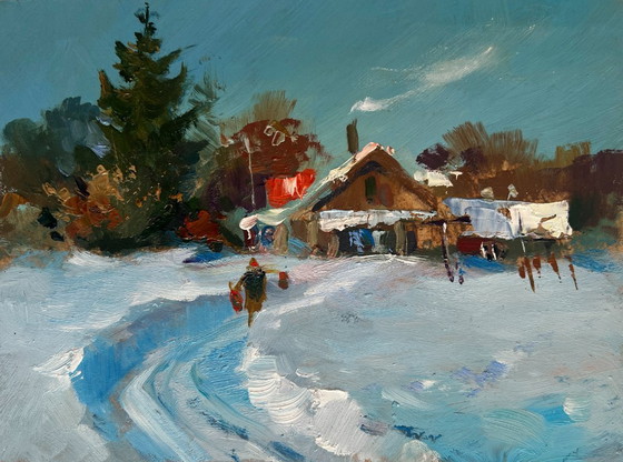 Image 1 of Original Oil Painting Winter House Landscape Winter path leading home