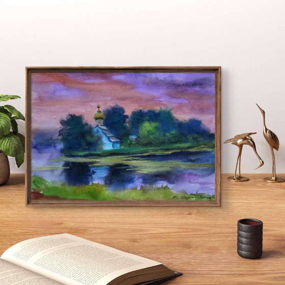 Original Watercolor Painting Nature Landscape Meadow Church Morning over the River – Paintings & Drawings (photo 3 of 7)