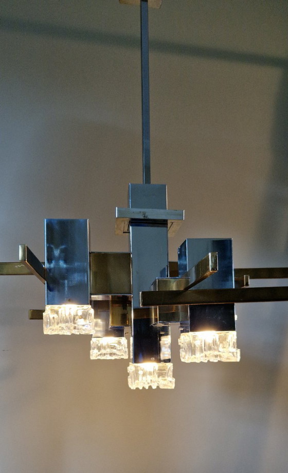 Image 1 of Vintage Italian design chandelier, Cubic, Gaetano Sciolari, chrome, brass, glass, 1970s