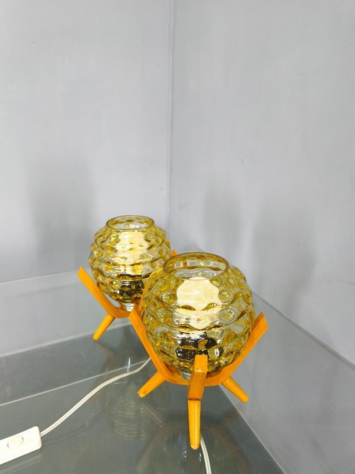 Pair Czech 1970s Wood and Yellow Glass Mid Century Table Lamps
