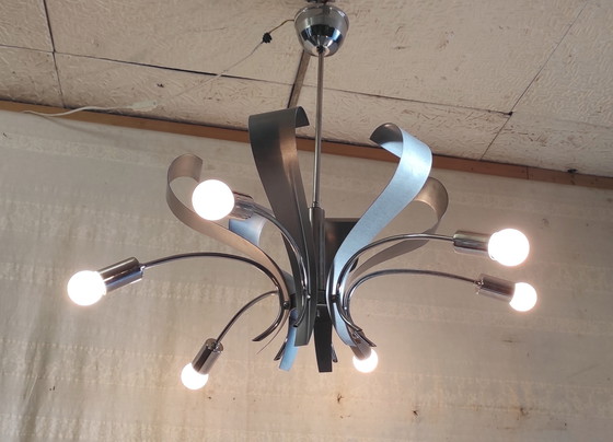 Image 1 of Lustre 6 feux Space-Age en métal chromé et brossé - années 70